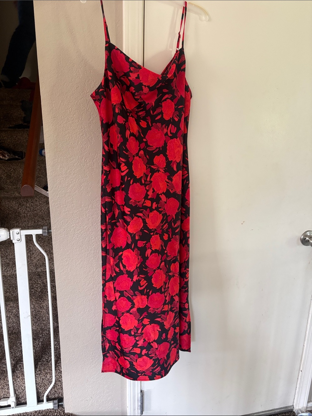 Bar III Black Slip Midi Dress with Bold Red Rose Floral Print